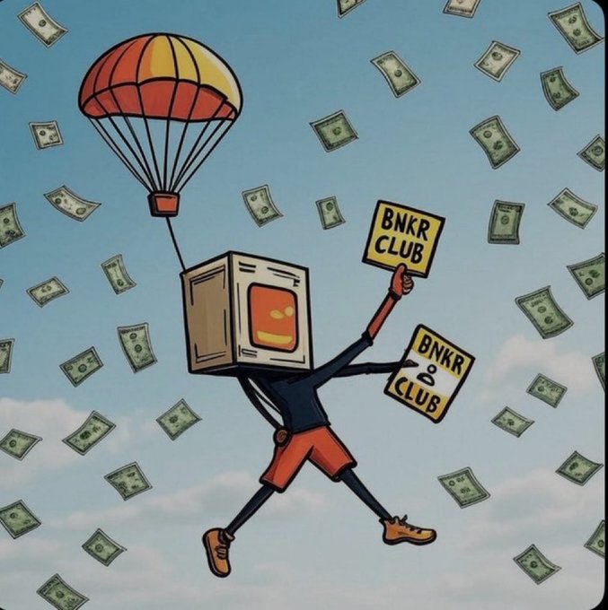 A cartoon figure with a cardboard-box head parachutes through a sky filled with falling dollar bills, holding up two yellow signs labeled "BNKR CLUB" and "BNKR & CLUB." The image playfully visualizes the poster's request to claim $BNKR rewards and receive two tokens to watch today, with the parachuting money representing the rewards and the signs representing the recommended tokens.