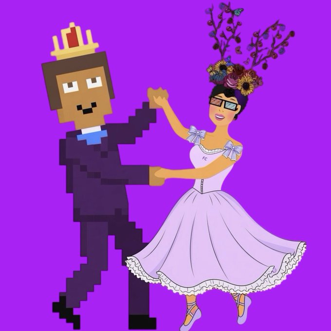 A digital illustration depicts a pixelated blocky character with a crown dancing with a Frida Kahlo-style woman wearing a white dress, glasses, and a large floral headpiece on a purple background.