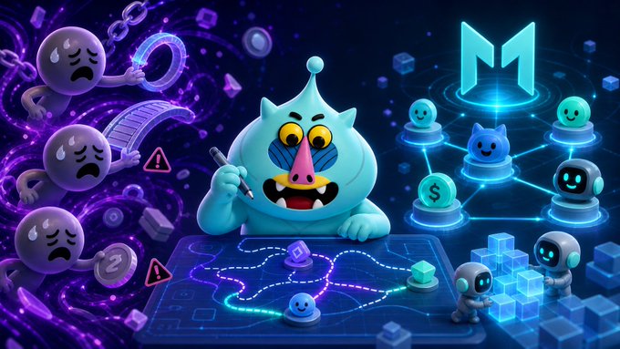 A distressed blue cartoon monster holds a pen over a complex network map, surrounded by worried ghost-like figures tangled in chains and bridges on the left, while a glowing "M" logo, a dollar token, and robotic figures connected through clean nodes appear on the right—visually contrasting the chaotic, painful experience of navigating multiple chains and bridges with the streamlined promise of omnichain infrastructure.