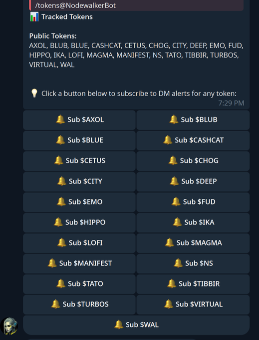 A Discord bot interface for "NodewalkerBot" displays a list of public tokens (AXOL, BLUB, BLUE, CASHCAT, CETUS, CHOG, CITY, DEEP, EMO, FUD, HIPPO, IKA, LOFI, MAGMA, MANIFEST, NS, TATO, TIBBIR, TURBOS, VIRTUAL, WAL) with corresponding subscription buttons.