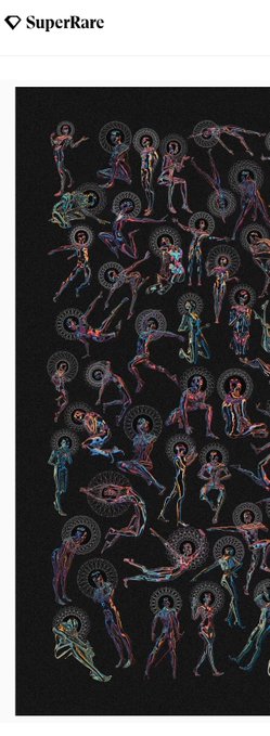 A SuperRare NFT listing displaying an artwork featuring multiple figures with colorful, iridescent outlines and halos arranged on a black background.