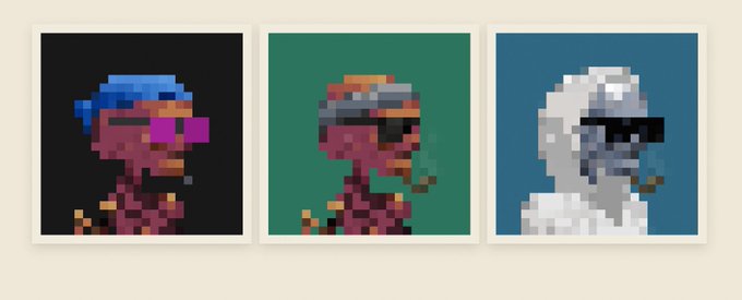 Three pixel-art character portraits displayed side by side, featuring figures with sunglasses in pink/magenta tones against black, green, and blue backgrounds.