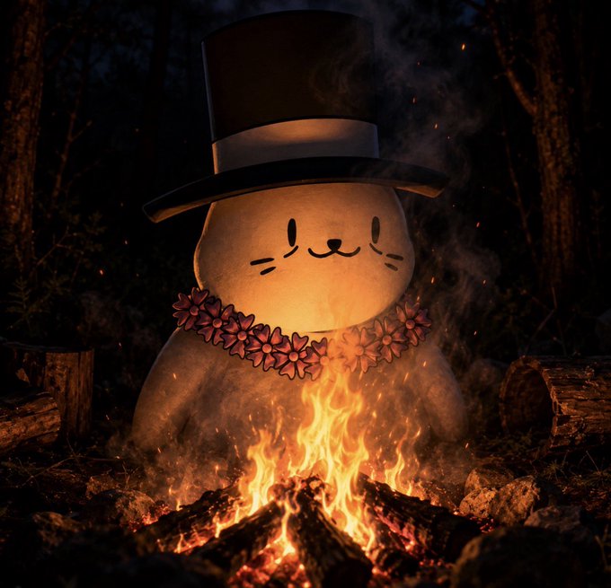 A large plush toy resembling a cute seal or cat wearing a black top hat and a flower lei sits in front of a glowing campfire in a dark forest at night.
