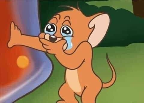 A cartoon mouse (resembling Jerry from Tom and Jerry) with large teary eyes reaches out desperately toward the void, capturing the emotional frustration and loneliness expressed in the post about friends sharing meaningful work in an uncaring crypto space.