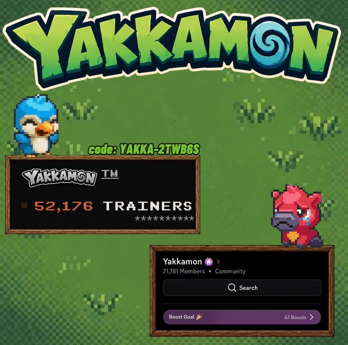 Promotional graphic for 'YAKKAMON' featuring pixel art characters, a trainer count of 52,176, and a referral code 'YAKKA-2TWB6S'.