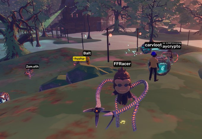 A screenshot from a multiplayer game showing characters named 'Zom.eth', 'Balt -hypha-', 'FFRacer', 'carvloot', and 'aycrypto' in a forested environment with a character swinging a star-shaped weapon in the foreground.