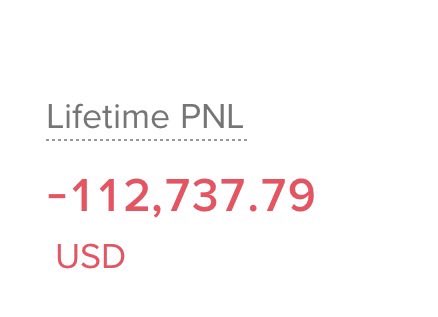 A Lifetime PNL display showing -112,737.79 USD in red text, illustrating significant losses. The negative figure supports the post's warning against altcoin trading, quantifying the trading losses on Binance alone.