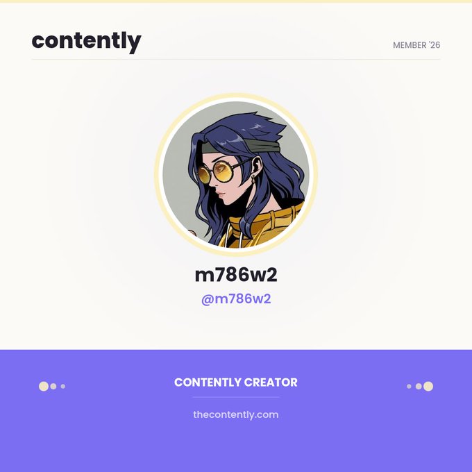 A Contently creator profile page displays the username "m786w2" with an anime-style avatar of a character with long dark blue hair and round yellow glasses.