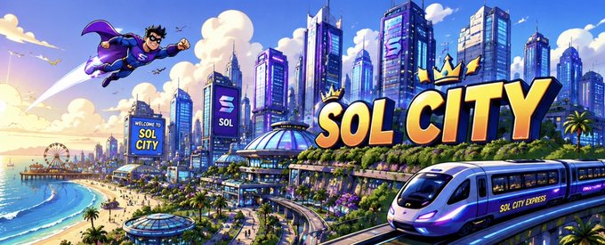 A vibrant promotional illustration for 'SOL CITY' showing a superhero flying over a futuristic coastal metropolis with a 'SOL CITY EXPRESS' monorail in the foreground.