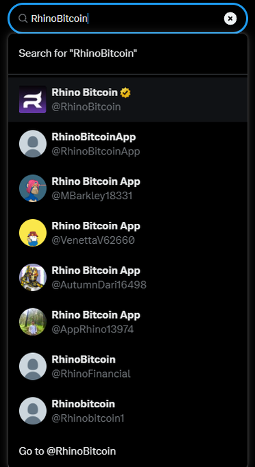 A Twitter/X search results screen for 'RhinoBitcoin' showing multiple matching accounts including the verified @RhinoBitcoin, RhinoBitcoinApp, and several 'Rhino Bitcoin App' accounts.