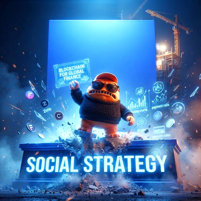 A digital artwork of a cartoonish character in sunglasses bursting through a wall with 'SOCIAL STRATEGY' displayed below, surrounded by floating icons including 'BLOCKCHAIN FOR GLOBAL FINANCE' and various app/crypto logos.