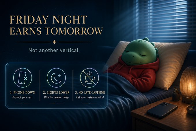 Promotional image titled 'FRIDAY NIGHT EARNS TOMORROW - Not another vertical' showing a green plush character in bed, featuring tips: 1. Phone Down (Protect your rest), 2. Lights Lower (Dim for deeper sleep), 3. No Late Caffeine (Let your system unwind).
