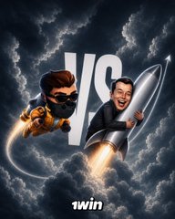 A playful '1WIN' promotional image featuring two cartoon figures riding a rocket through dark clouds, separated by a 'VS' graphic.
