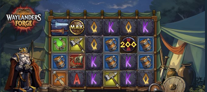 A screenshot from the game 'Waylanders Forge' showing a slot-style grid filled with fantasy icons like swords, axes, potions, chests, and letter symbols (A, K, Q) against a medieval forge backdrop.