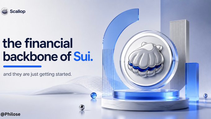 A promotional graphic for Scallop, the 'financial backbone of Sui,' featuring a 3D render of the silver scallop shell coin displayed on a blue and white pedestal with the handle '@Philose'.
