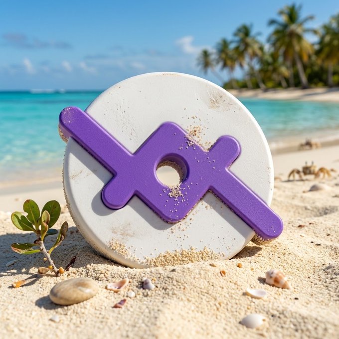 A white circular object with a purple stylized logo rests on a sandy beach with turquoise water and palm trees in the background.
