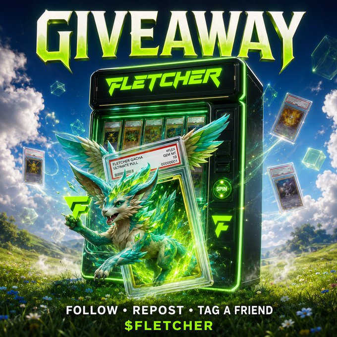 A vibrant green-themed "FLETCHER GIVEAWAY" promotional graphic featuring a fantasy creature, a slot machine, and trading cards, with instructions to follow, repost, tag a friend, and use $FLETCHER.