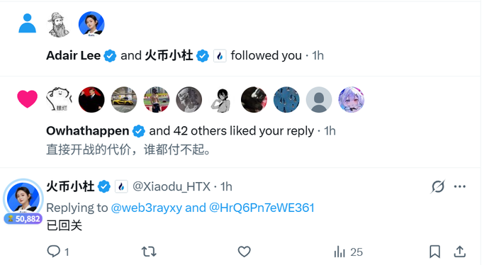 A screenshot of Twitter/X notifications showing 'Adair Lee and 火币小杜 followed you', a like on a reply saying '直接开战的代价，谁都付不起。' from 'Owhathappen', and a reply '已回关' from '@Xiaodu_HTX'.