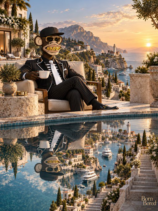 A sharply dressed, smiling character in a pinstripe suit and bowler hat sips coffee on a cliffside villa overlooking a sunset-lit Mediterranean coast, his luxurious reflection mirrored perfectly in the infinity pool below with "Born Bored" text in the corner.

The image embodies the post's triumphant "Web3 Champion" energy—channeling Saturday success, leisure, and creative ambition through a polished figure enjoying the rewards of winning in style.