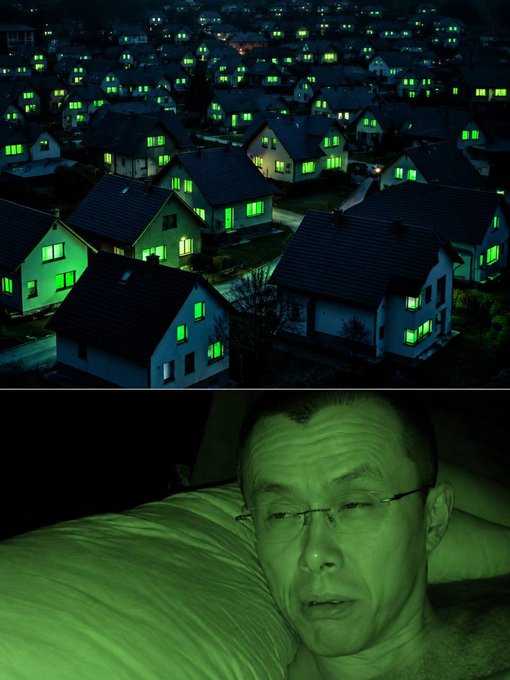 An entire neighborhood glows green at night with houses lit up in the color, paired below with a close-up of a man bathed in green light lying in bed. The pervasive green illumination visually reinforces the "BIG PUMP IS COMING" caption, referencing the green candles typically associated with bullish market surges.