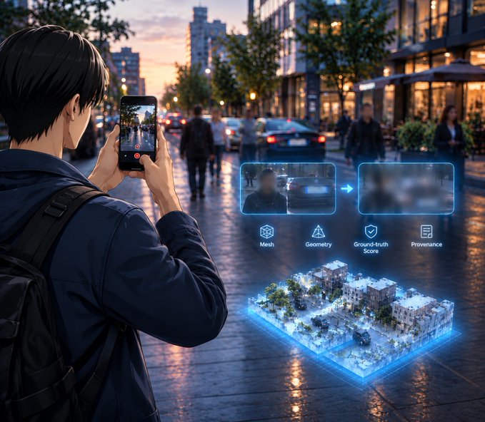An anime-style illustration depicts a person filming a street scene with a smartphone, with floating holographic overlays showing Mesh, Geometry, Ground-truth Score, and Provenance features alongside a 3D city map.