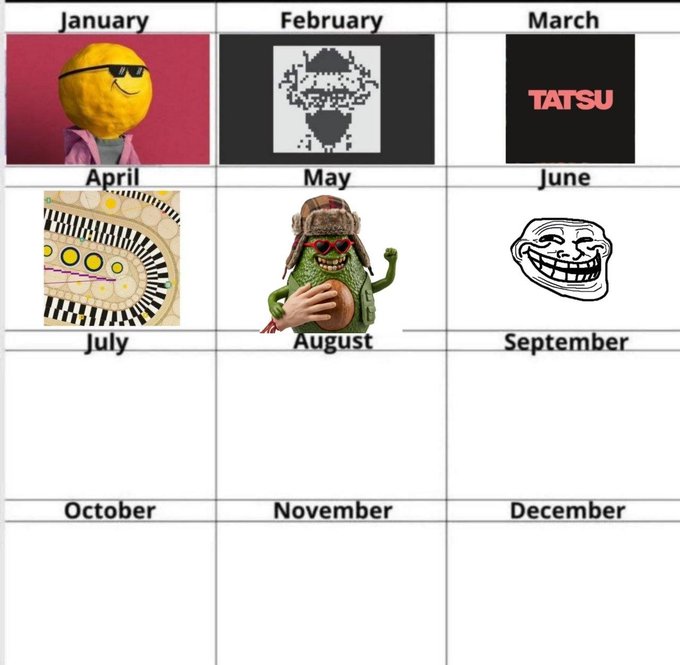 A 12-month calendar with meme-style images populating January–June—including a yellow smiley, pixelated doge, "TATSU," abstract face, green character with red glasses, and trollface meme—while July through December remain blank, suggesting the user is asking viewers to vote for which NFT project will fill the empty July slot.