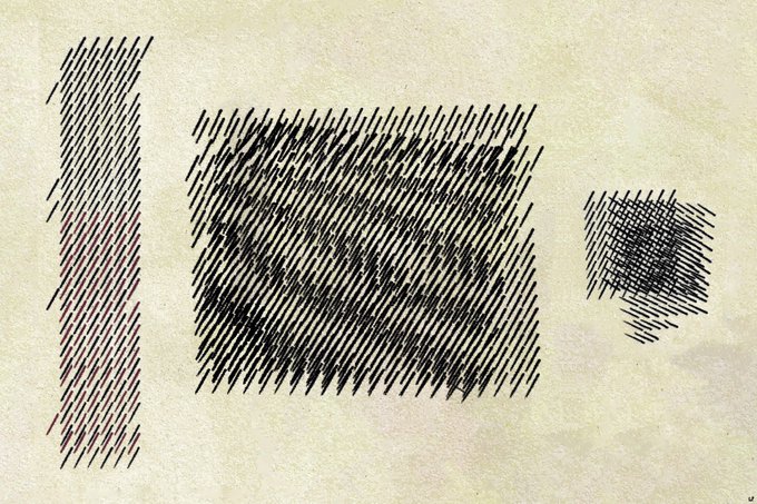 An abstract artwork featuring diagonal hatched black lines forming geometric shapes—a vertical rectangle on the left, a large square in the center, and a smaller square on the right—on a beige textured background.