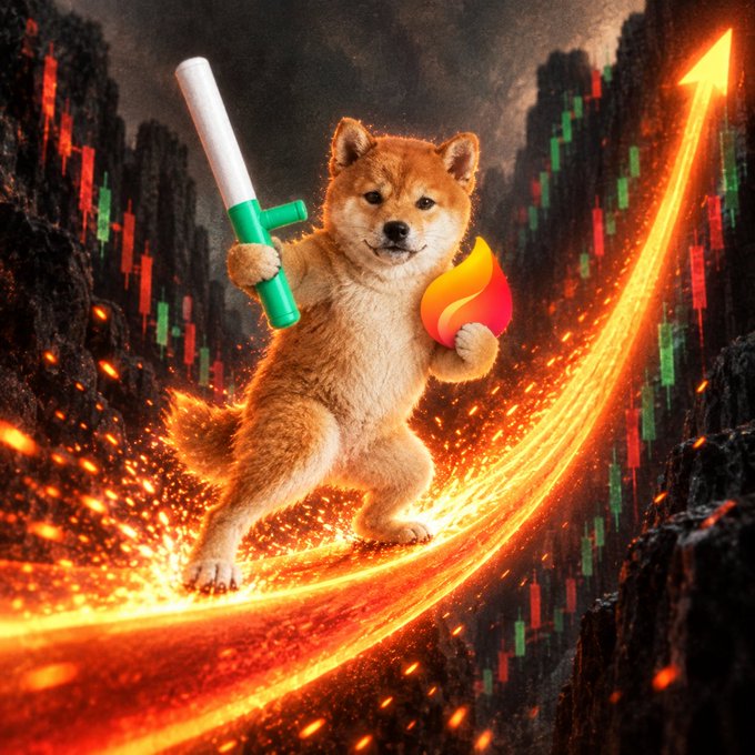 A Shiba Inu dog holding a syringe and a flame, standing on a fiery upward arrow over a background of red and green candlestick charts.