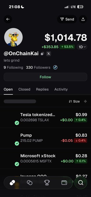 A mobile screenshot of an OnChain social profile showing $1,014.78 portfolio (+$353.85, +53.5%) with holdings in Tesla tokenized (TSLAX), Pump (PUMP), and Microsoft xStock (MSFTX).