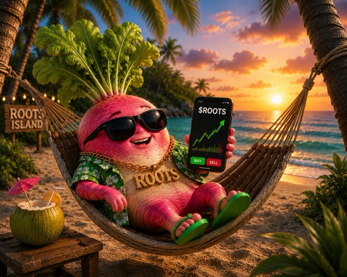 A whimsical illustration of an anthropomorphic radish character wearing sunglasses, a Hawaiian shirt, and a gold '$ROOTS' chain, lounging in a hammock on a tropical beach while holding a smartphone displaying the $ROOTS token price chart.