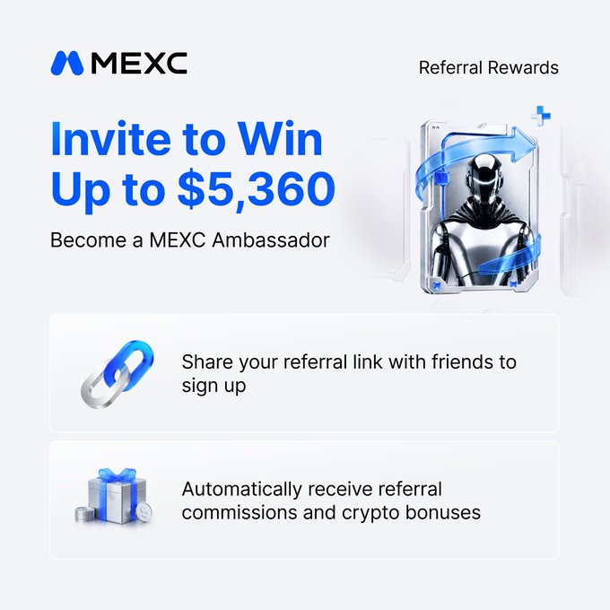 MEXC Referral Rewards promotion offering up to $5,360 for ambassadors who share their invite link and earn automatic commissions and crypto bonuses. The image highlights the program's two-step process—sharing a referral link and receiving crypto rewards—reinforcing the post's call to action to join at mexc.com/invite.