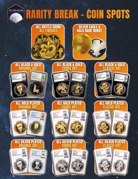 A promotional graphic for a "RARITY BREAK - COIN SPOTS" event, displaying a structured grid of spot options including All Battle Coins, Silver Eagle & Gold Eagle Bundle, All Black & Gold Coins sets, and All Silver and Gold Plated sets, with the Nifty Mascots logo in the corner—matching the post's announcement of spots being live for the 9pm ET coin break event.