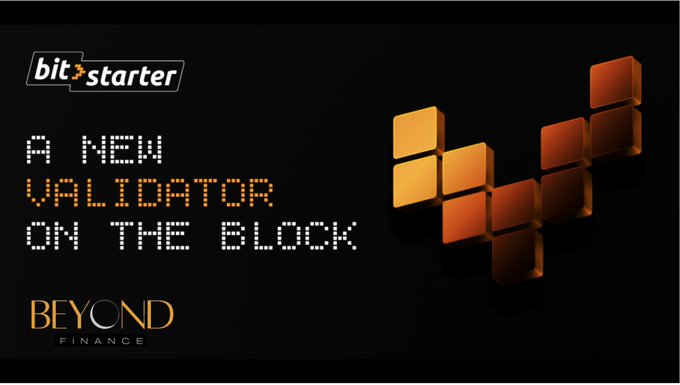 A promotional banner with a black background displaying the "bitstarter" logo, the text "A NEW VALIDATOR ON THE BLOCK" in a digital-style font, and "BEYOND FINANCE" branding, accompanied by an arrangement of orange and yellow 3D cubes.