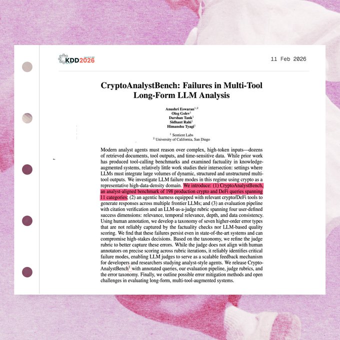 A screenshot of an academic paper titled "CryptoAnalystBench: Failures in Multi-Tool Long-Form LLM Analysis" dated 11 Feb 2026, with the introduction text highlighted in red.