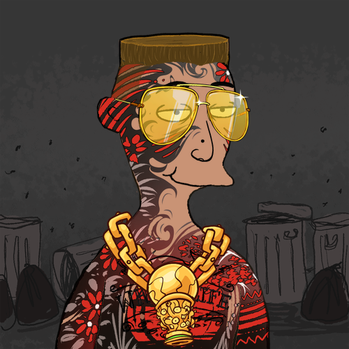 A stylized portrait illustration of a tattooed character wearing yellow aviator sunglasses, a flat-top haircut, and a large gold chain medallion against a dark urban background.