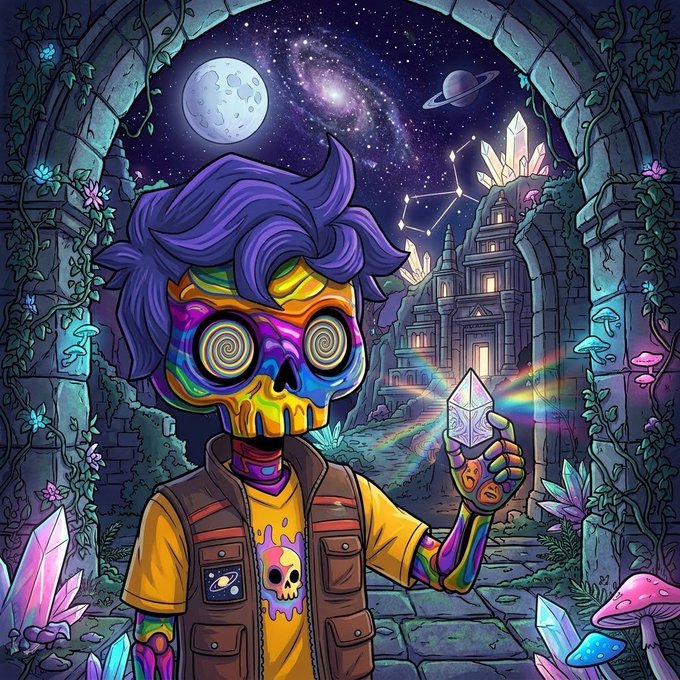 A vibrant, psychedelic illustration shows a character with a rainbow-colored skull face and purple hair holding a glowing crystal, set against a backdrop of a castle, moon, and Saturn.