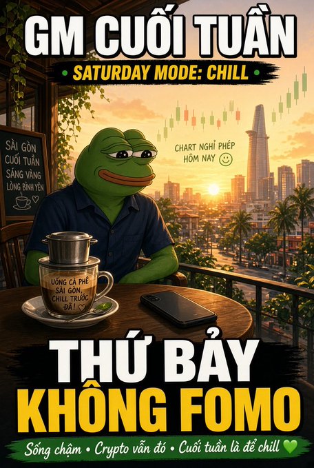 Vietnamese meme image featuring Pepe the Frog at a café with text 'GM CUÓI TUẦN', 'SATURDAY MODE: CHILL', and 'THỨ BẢY KHÔNG FOMO' over a city skyline.
