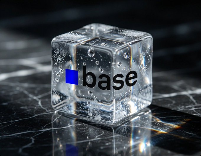 A clear ice cube with the 'base' logo (a blue square and the word 'base' in lowercase) displayed prominently, resting on a dark marble surface.