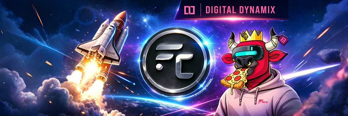 A digital graphic features a launching space shuttle on the left, a central silver 'DC' logo, and a red bull mascot character wearing a crown, sunglasses, and a pink 'Digital Dynamix' hoodie against a cosmic background.