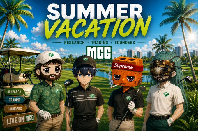 A vibrant "Summer Vacation" promotional graphic for MCG features four cartoon characters on a tropical golf course, with text highlighting "Research + Trading + Founders" and "Live on MCG," aligning with the post's announcement of a holiday week event schedule featuring investor spotlights and founder interviews for projects like $POKERX and $REPPO.