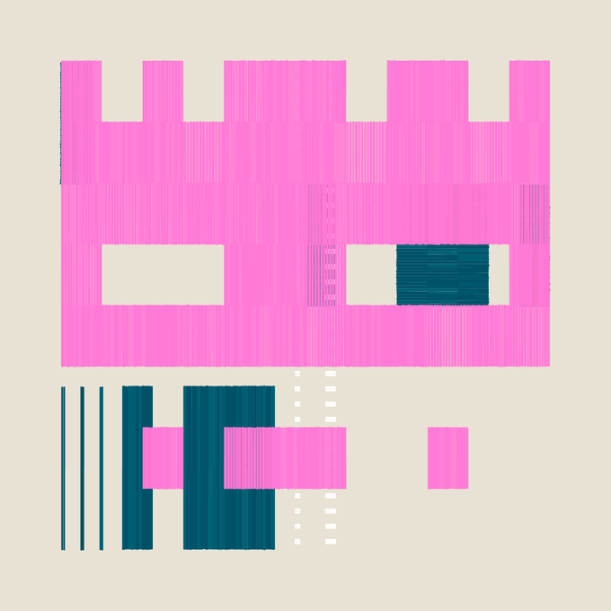 A pixel art image featuring a pink and teal abstract design with a castle-like top, geometric shapes, and a small white ladder-like element.