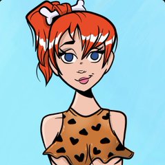 An animated cartoon-style character of a red-haired woman with a bone hair accessory, blue eyes, and a leopard print top, set against a blue gradient background.