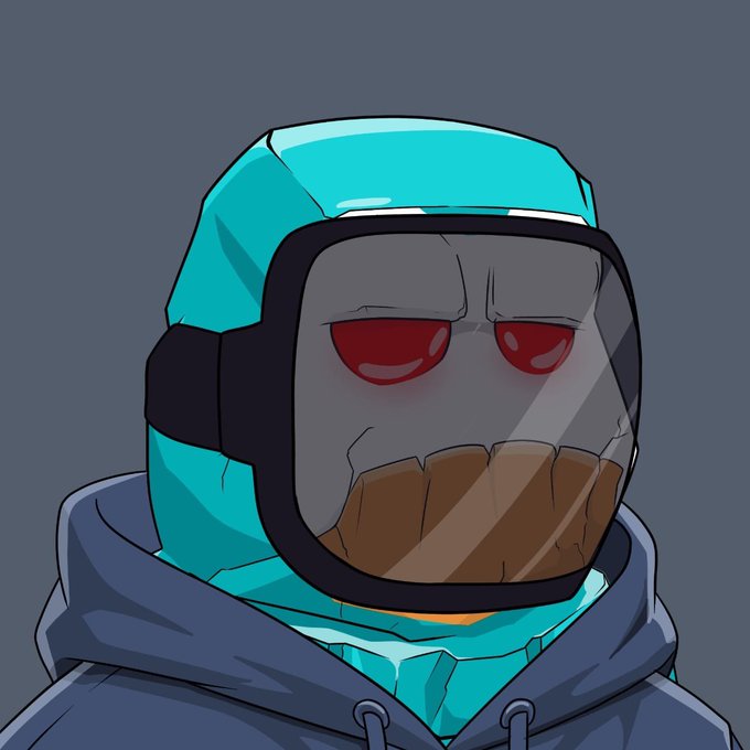 A digital illustration of an Among Us character with a cyan helmet, a cracked visor showing an angry mouth and red eyes, wearing a blue hoodie.
