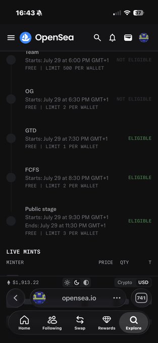 A screenshot of the OpenSea mobile app showing the MonkeyHoodNFT mint schedule with several phases (Team, OG, GTD, FCFS, and Public stage), all marked as "NOT ELIGIBLE" or "ELIGIBLE" based on user status, with free mints limited to 1-3 per wallet starting on July 29.

The image shows the OpenSea mint page for @MonkeyHoodNFT, displaying eligibility status for different mint phases to help users check if they qualify for the July 29 drop.