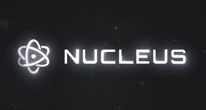 The image features a stylized atomic logo with orbiting electron rings next to the word 'NUCLEUS' in bold, glowing white letters against a dark, starry background.