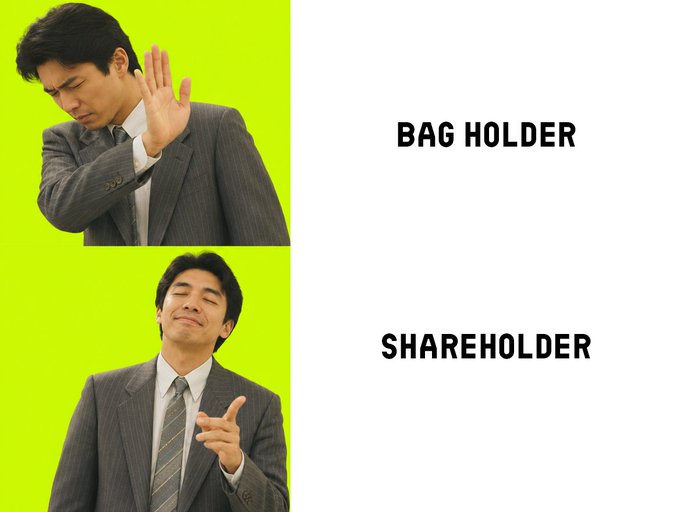 A two-panel meme comparing business roles: the top image labeled 'BAG HOLDER' shows a man in a suit pushing his hand away in refusal, while the bottom image labeled 'SHAREHOLDER' shows the same person pointing with a pleased expression.