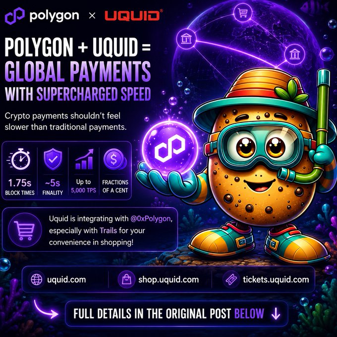 Marketing graphic announcing a partnership between Polygon and UQUID for 'GLOBAL PAYMENTS WITH SUPERCHARGED SPEED', featuring a cartoon mascot and stats like 1.75s block times and ~5s finality.