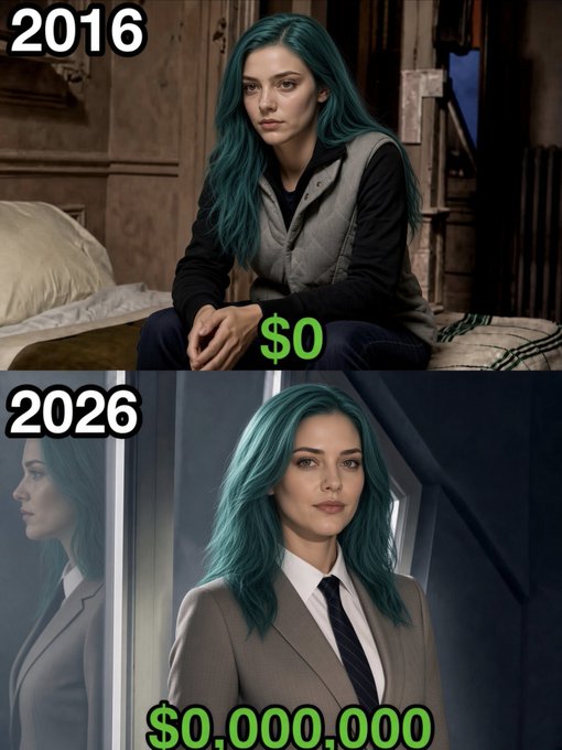 A comparison meme shows a teal-haired woman in 2016 with '$0' versus her 2026 appearance with '$0,000,000'.