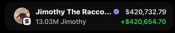 A crypto portfolio entry for 'Jimothy The Racco...' showing a balance of 13.03M Jimothy tokens valued at $420,732.79, with a gain of +$420,654.70.