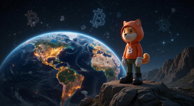 The image features a cartoon dog standing on top of a rock, wearing an orange hoodie with Bitcoin symbols on it. The background shows a globe surrounded by stars, creating a futuristic atmosphere. The caption below the image reads "It'S $BTC and $DOG (Bitcoin) for me...the most decentralized tokens in crypto's history."